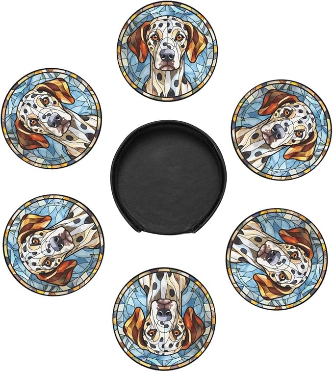 Drink Coaster Set of 6, Dalmatian Dog Mom Lover Gift,Leather Drink Coasters with Holder,6 Pack Cup/Bar/Drink Coasters for Table/Drinks/Coffee Protection Housewarming Gift