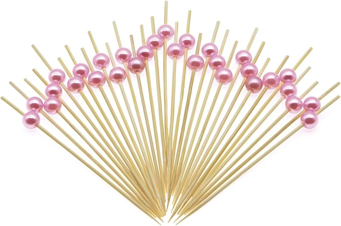 Minisland Pink Pearl Cocktail Picks, 4.7 Inch Long Bamboo Fancy Toothpicks for Appetizers, Decorative Valentines Baby Shower Holiday Party Food Drink Garnish Fruit Skewer Sticks 100 Counts - MSL153