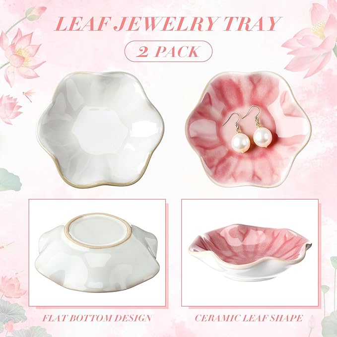 meekoo 2 Pcs Trinket Dishes for Jewelry Lotus Leaf Shape Ceramic Ring Holder Jewelry Tray Bowl Woman Gift for Mom Sister(Pink and White)