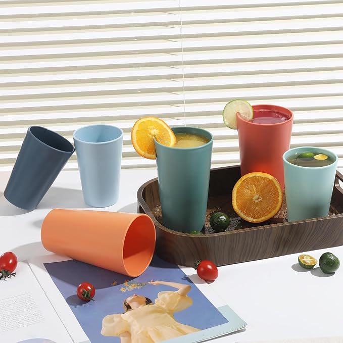 24 Pcs Unbreakable Plastic Cups Set, 12 Pcs 14 oz and 12 Pcs 20 oz Reusable Plastic Cups, Stackable Water Tumblers, Drinking Cup for Kitchen, BPA-free, Dishwasher and Microwave Safe, 6 Colors