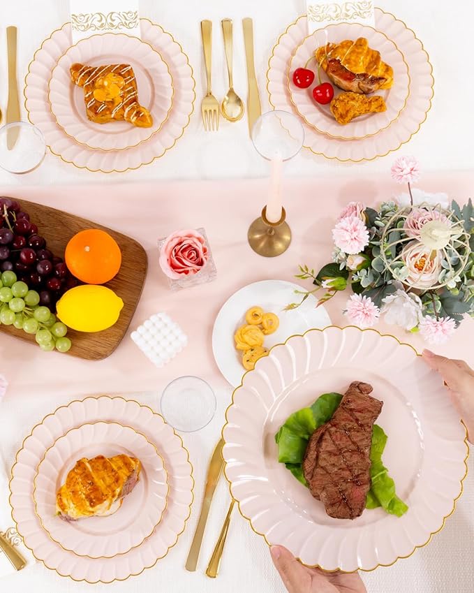 YOUBET 175PCS Pink Scalloped Plastic Plates - Gold Disposable Dinnerware Set Include 50 Plates, 75 Gold Silverware, 25 Cups, 25 Napkins for Party & Wedding & Baby Shower Valentines Day