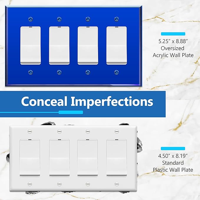 LIDER Reflective Acrylic Decorator Wall Plate, Mirrored Light Switch Plate, Plexiglass Outlet Cover, Acrylic Glass, Oversized 4-Gang 5.25" x 8.88", LWP-34O-ABL, Blue