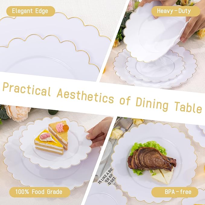 LIYH 120 Pcs White Plastic Scalloped Plates - Gold Fancy Disposable Plastic Plates Includes 60 Dinner 10.25" & 60 Dessert Plate 7.5" Elegant Gold Rim for Party Birthday Valentines Day