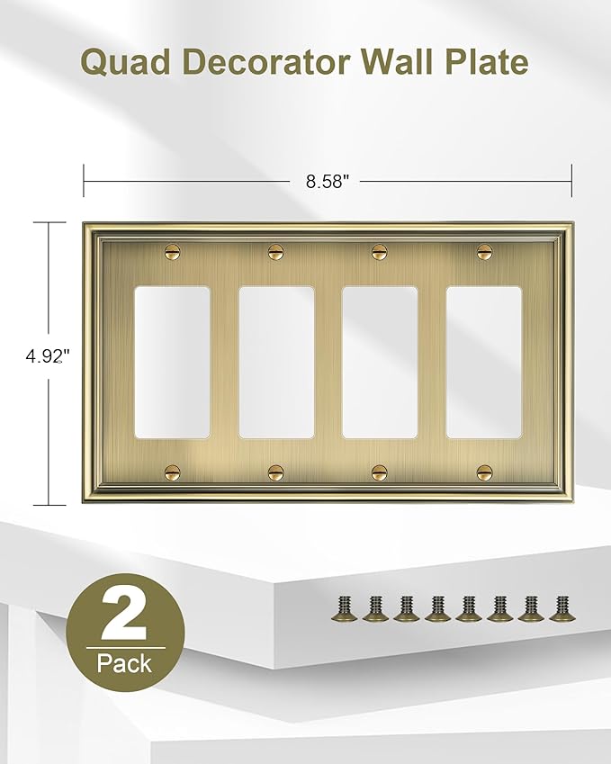 2-Pack Quad Decorator Cover Plate, Zinc Alloy Decorative Antique Brass Switch Plates and Outlet Covers, 4 Gang Wall Plate for Electrical Outlets, Receptacle, GFCI Outlet, Dimmer Switch