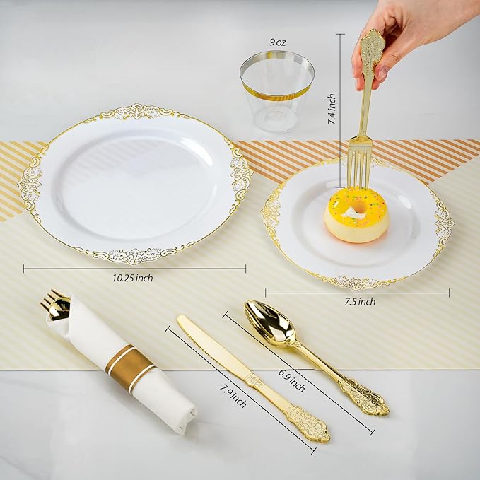 700PCS Gold Plastic Plates for 100 Guests, Disposable Dinnerware Sets Include 200 Gold Rim Plastic Plates, 100 Silverwares, 100 Cups, and 100 Pre Rolled Napkins for Party, Wedding, Graduation