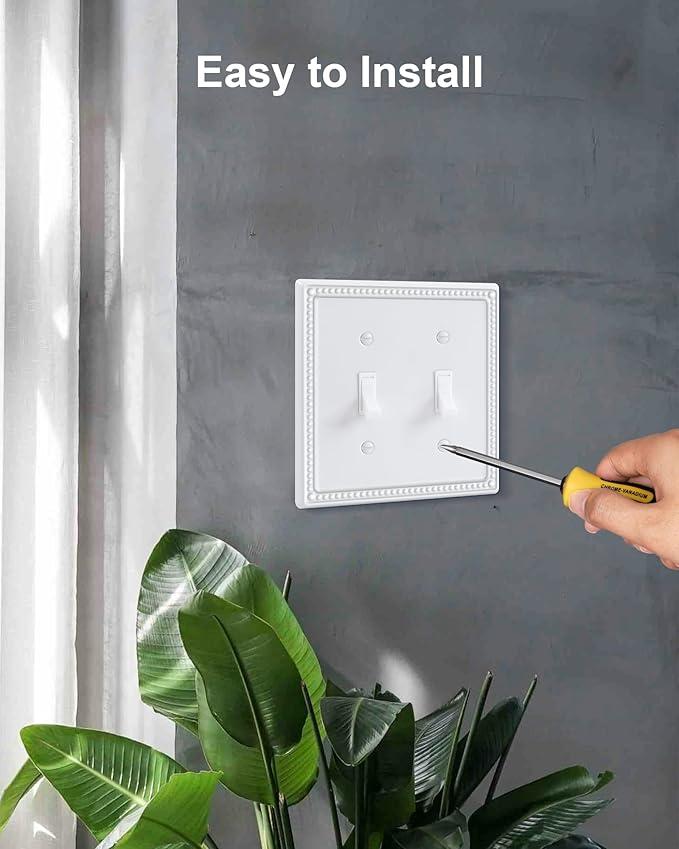 2-Pack Double Toggle Light Switch Cover Plate, Pearls Decorative Dual Switch Plate Covers, Pure White 2 Gang Metal Wall Plate, Corrosion Resistant