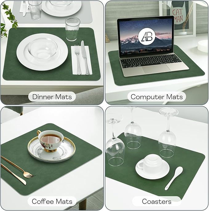 AAPLKER Faux Leather Placemats Set of 6, Vinyl Placemats Wipeable Waterproof Oil-Proof Table Mats, Heat Resistant Place Mats for Kitchen Indoor Outdoor, 16.9 x 11.8 inches (Green/Grey)