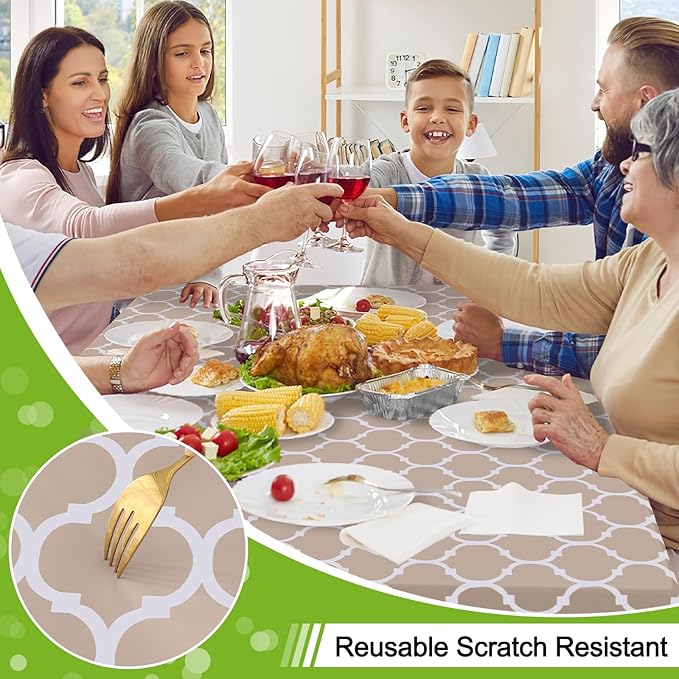 Smiry Round Plastic Table Cloth, Waterproof Vinyl Tablecloth with Flannel Backing for Round Tables, Wipeable & Spillproof for Dining, Camping, Indoor and Outdoor (60" Round, Khaki)