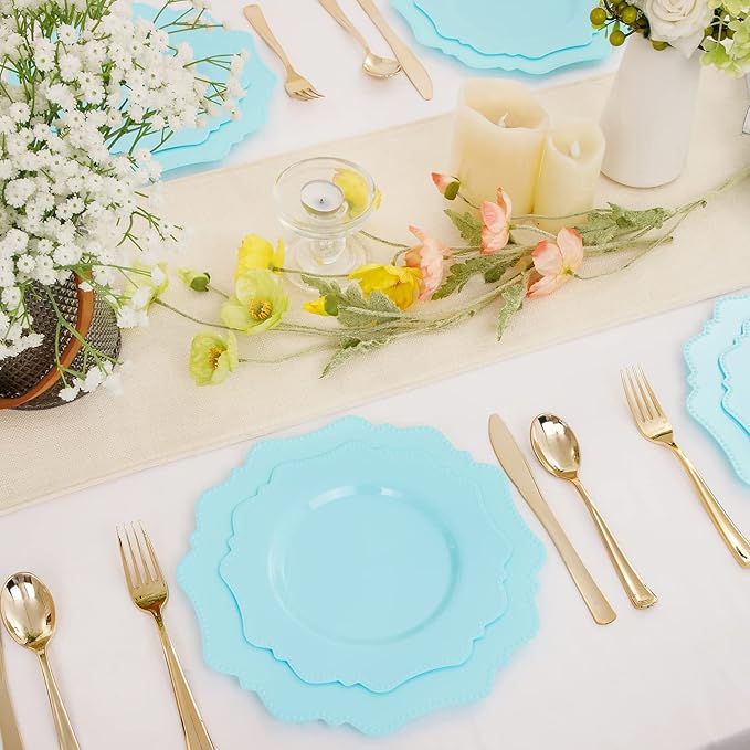 COLOSUS Disposable Plastic Plates 60Pcs, Light Baby blue Party Plates, Heavy Duty 30 Dinner plate 10.5” and 30 Salad/Dessert Plate 8.25” for Easter day Party Dinner