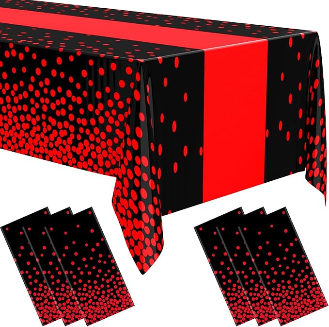 Oudain 6 Pcs Black and Red Tablecloth for Parties Plastic Dot Tablecloths Printed Table Runner Waterproof Disposable Rectangle Table Cover for Christmas Birthday Wedding Party, 54" x 108"