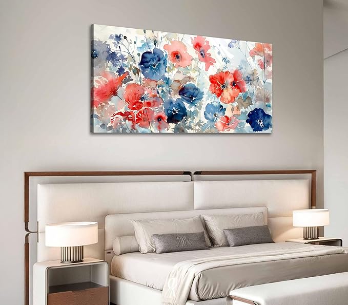 ADJUVANT Wall Art Watercolor Vibrant Floral 60"L x 30"W, Colorful Poppies With Soft Hues Canvas Painting Lively Blooms Artwork Delicate Tones Prints Wall Decor for Living Room Bedroom Bathroom Home Office