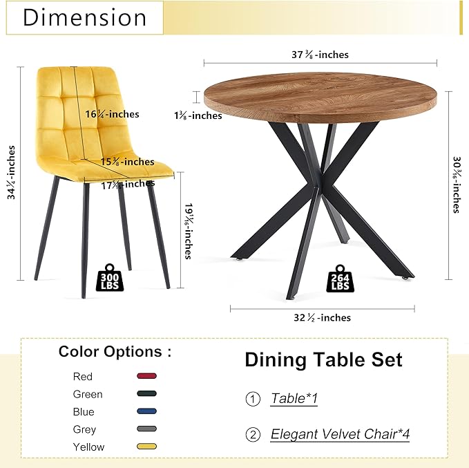 3 Piece Dining Table Set for Small Spaces - Round Kitchen Table Chairs Set of 2 with Yello Velvet Upholstered Chairs -Space Saving Dinette for Kitchen, Dining Room