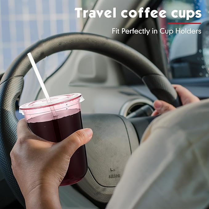50 Sets Clear Plastic Cups with Lids and Straws, Disposable Iced Coffee Cups Drinking PET for Cold Drinks, Juice, Smoothie, Coffee Shops, Party, Christmas(Pink,16 oz)