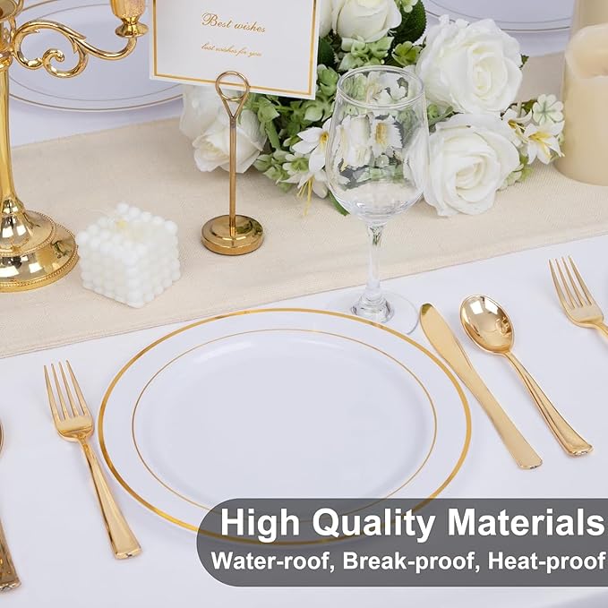 WELLIFE 72PCS Gold Plastic Plate, 10.25Inch Disposable Dinner Plate Party with Gold Rim, Heavy Duty Disposable Plastic Plates for Party, Wedding, Birthday
