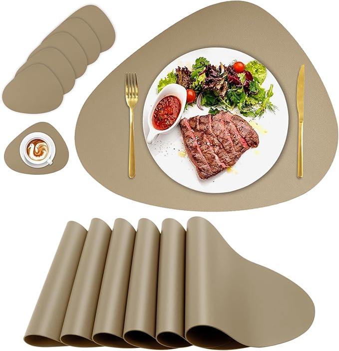 Placemats Set of 6, Placemat with Coasters Heat Stain Scratch Resistant Non-Slip Waterproof Oil-Proof Washable Wipeable Outdoor Indoor for Dining Patio Table Kitchen Decor and Kids-Apricot