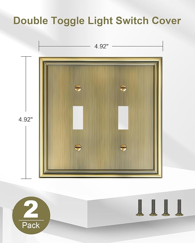 2-Pack Double Toggle Light Switch Cover Plate, Durable Solid Zinc Alloy Decorative Dual Switch Plate Covers, Antique Brass 2 Gang Wall Plate, Corrosion Resistant