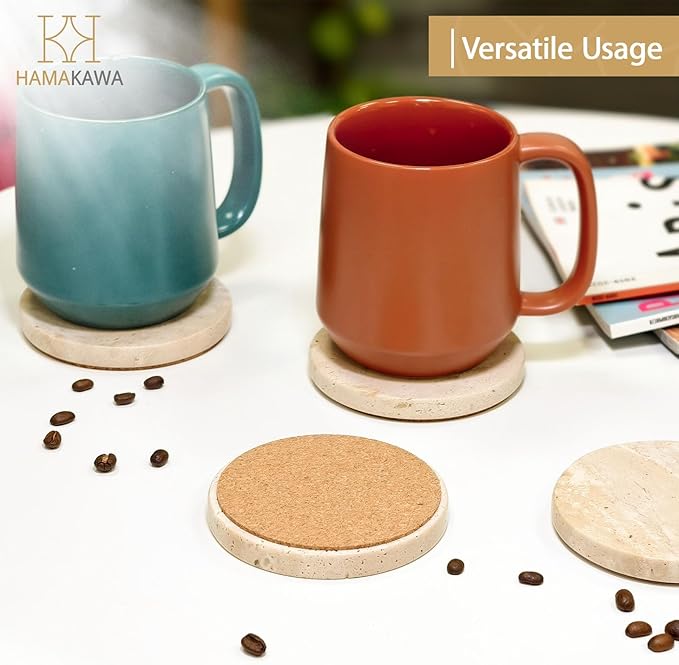 Real Natural Travertine Coasters Set of 4, Round Beige Marble Stone 4 inch, Modern Drink Coasters for Home Decor, Coffee Table, Office