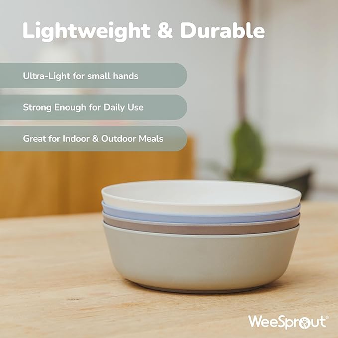 WeeSprout Bamboo Kids Bowls with Lids, Set of Four 15 oz Kid-Sized Bamboo Bowls, Bamboo Kid Bowls with Lids for Leftovers, Dishwasher Safe (Blue, Yellow, Orange, & Red)