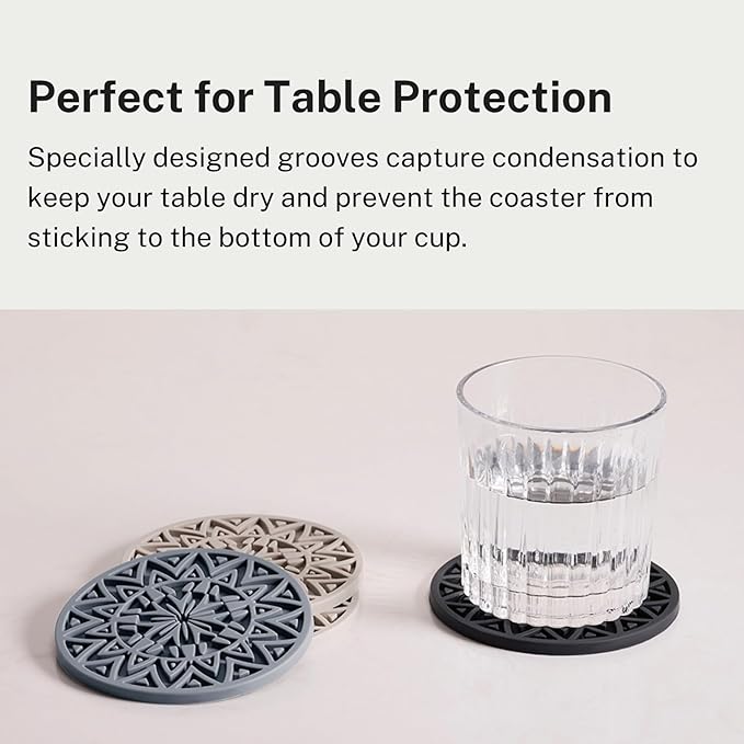 Set of 6 Black Silicone Coasters with Holder, Drink Coasters with Tribal Pattern Shape- for Table Protection, Anti Slip, Nonstick, Heat Resistant, Deep Tray