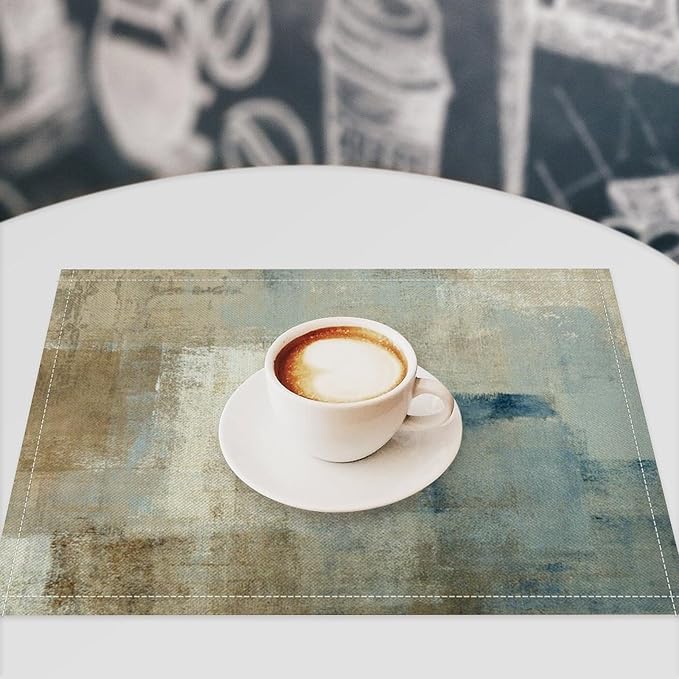 Gradient Placemat Set, Modern Minimal Fashion Abstract Beige Brown Blue Art Oil Painting Brush Strokes Patchwork Pattern Home Decor Linen Table Mats for Dining Room Kitchen Party (17x12in) x6P