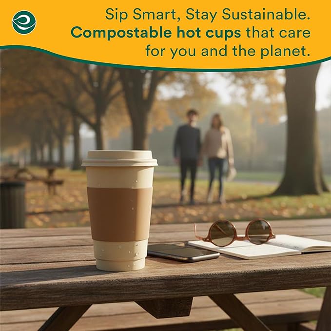 ECO SOUL 200 Pack 12 oz Disposable Coffee Cups with Lids & Sleeves Eco-Friendly, Biodegradable, Compostable, Leak-free & Sturdy To Go Hot Drink Cup for Tea, Chocolate Party Travel Cafe Office & Home