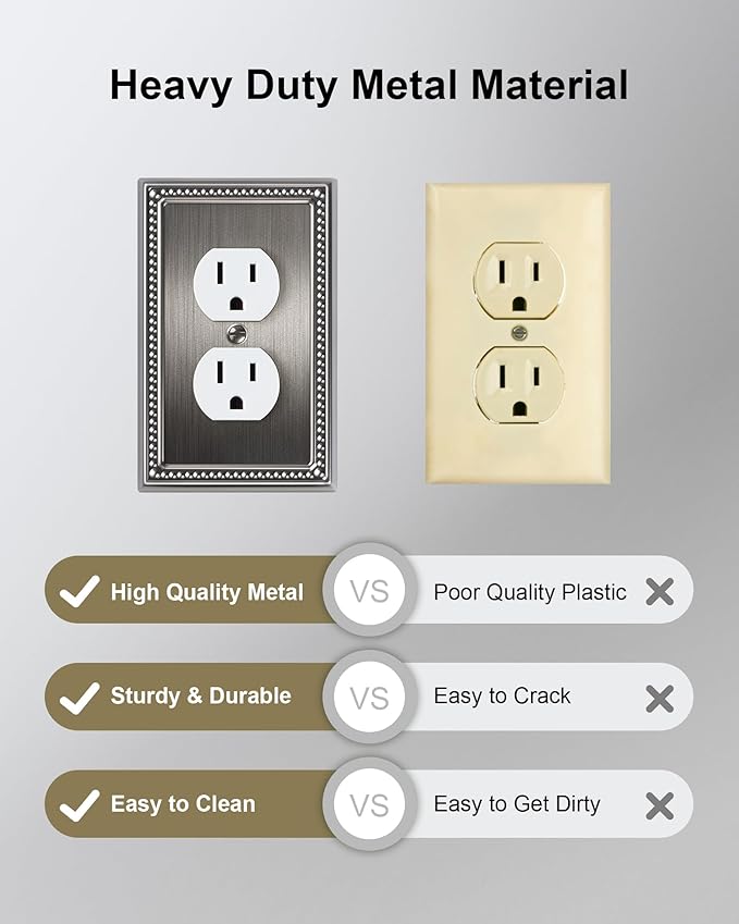 2-Pack Duplex Outlet Cover, Silver Metal Wall Plates for Electrical Outlets, 1 Gang Receptacle Light Switch Cover, Pearls Beaded Decorative Switch Plates and Outlet Covers