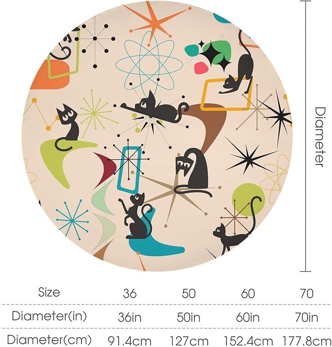 Mid Century Black Cat Round Tablecloth, Bohemian Modern Colorful Abstract Geometric Retro Art Bohemian Tablecloth for Home Party Dining Room Kitchen Decor 70Inch(178cm)
