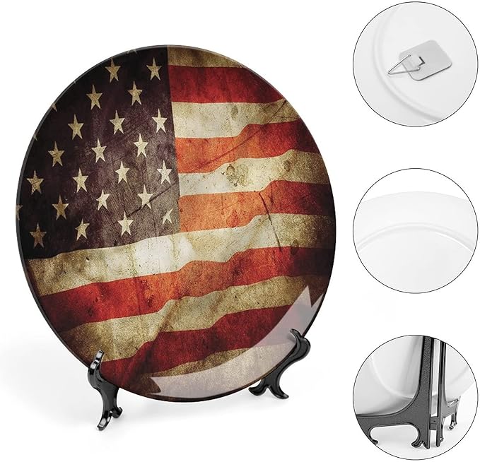 Ceramic Plates, American Flag Decorative Ceramic Plates, Grunge Look Patriotic, 7 Inch, Household Plates Decorative, Multicolor