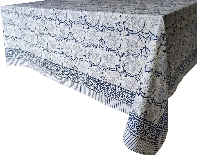 ATOSII ‘Santorini’ 100% Cotton Fall Tablecloth, Handblock Print Blue Rectangle Table Cloth for Kitchen I Dining Table Linen I Parties Wedding Christmas Thanksgiving I Fall Decor 60 X 90 Inches