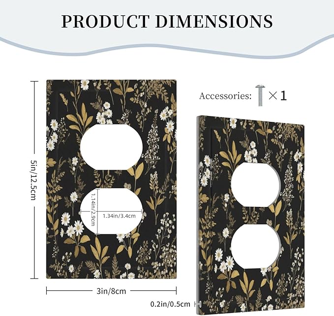 Outlet Covers Black/Gold Boho Botanical Floral Rustic Flowers 1 Gang Duplex Light Switch Cover Plate Decorative Wall Plates Electrical Switchplate Receptacle for Bathroom Kitchen Decor（2 Pack）