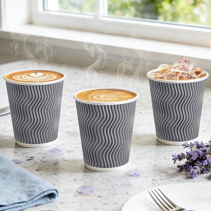 100 Pack 8 oz Coffee Cups with Lids, Disposable Insulated Hot Cups To Go Paper Coffee Cups, Corrugated Ripple Wall Cup for Hot Drink, Office, Coffee Bar (Grey 8 oz)