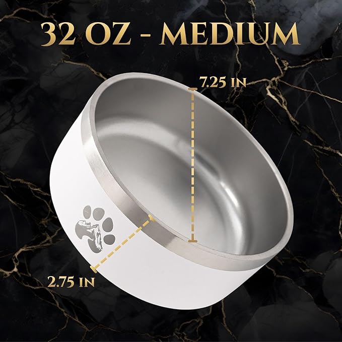 Stainless Steel Dog Bowl for Small-Large Dogs | Double Wall Insulated, Non-Slip Base Heavy Duty Water and Food Bowls for Dogs & Cats | Pet Safe BPA Free & Dishwasher Safe | 32 Oz - White
