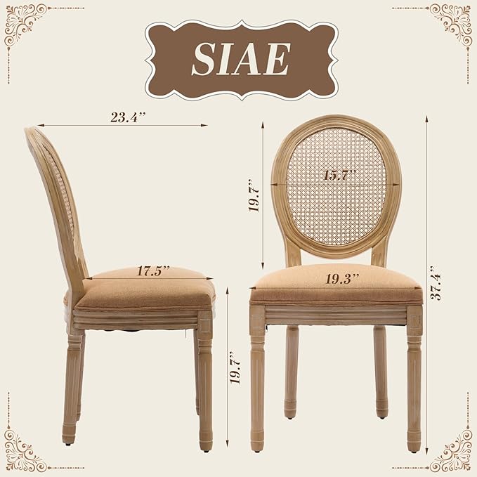 SoarFlash French Dining Chairs Set of 2, Vantage Dining Chair with Round Back, Wood Leg Farmhouse Country Rattan Dining Chair for Kitchen,Bedroom,Brown