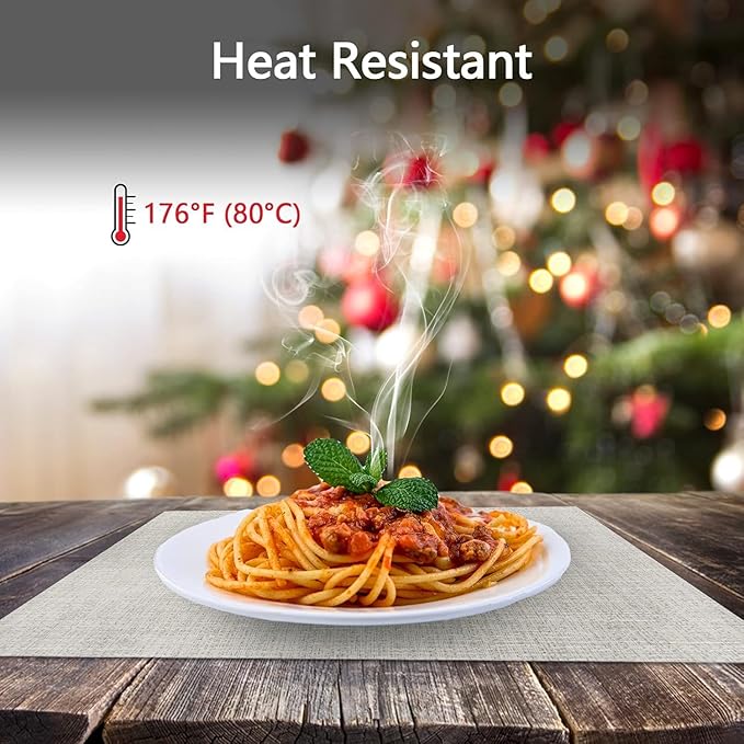 DACHUI Placemats Set of 4, Linen Look Woven Place Mats, Water Resistant, Heat Resistant, Washable, Durable Table Mats (Beige White)