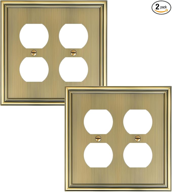 2-Pack Double Duplex Outlet Cover, Antique Brass Decorative Switch Plates and Outlet Covers for Electrical Outlet, Durable Zinc Alloy Wall Plates, 2 Gang Receptacle Cover, Corrosion Resistant