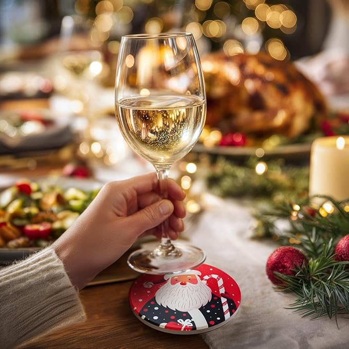 Christmas Coasters with Metal Holder Vintage Santa Drink Coasters Coasters Round Absorbent Ceramic Stone Coaster for Home Kitchen Table Decor Set of 6