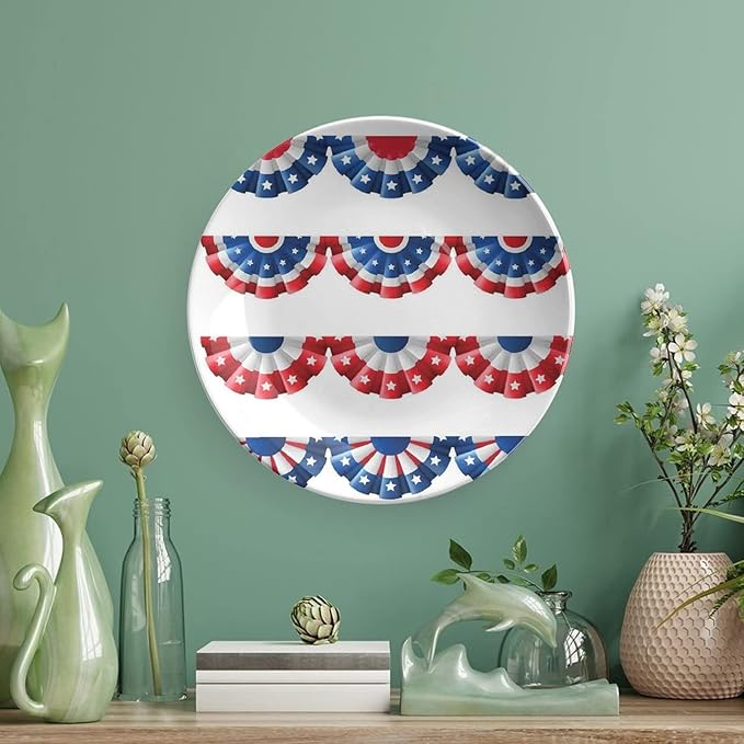 Ceramic Plates, American Flag Decor Decorative Ceramic Plates, Flag Round Bunting Election Ornament Pattern, 7 Inch, Household Plates Decorative, Blue Red