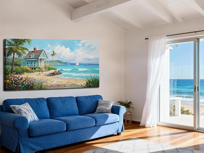 Anolyfi Tropical Canvas Wall Art for Living Room, Palm Tree Nature Coastal Seascape Painting Wall Decor Textured Artwork for Bedroom Hallway Kitchen Office Home Decor 48"x24"