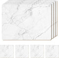 Set of 4 Heat Resistant Cork Placemats for Dining Table with Free Set of 4 Matching Drink Coasters Marble Design 16 x 12 Inches Cork Backed Hard Placemats (White Marble)