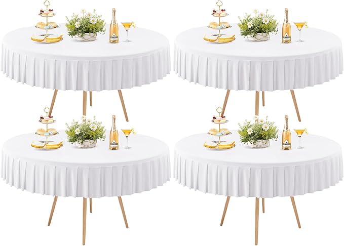 4 Pack White Spandex Round Tablecloths for 72in Table, Stretchy Fitted 6FT Round Table Cloths, Wrinkle Free Table Cover with Skirt for Wedding Birthday Party Bridal Shower Banquet