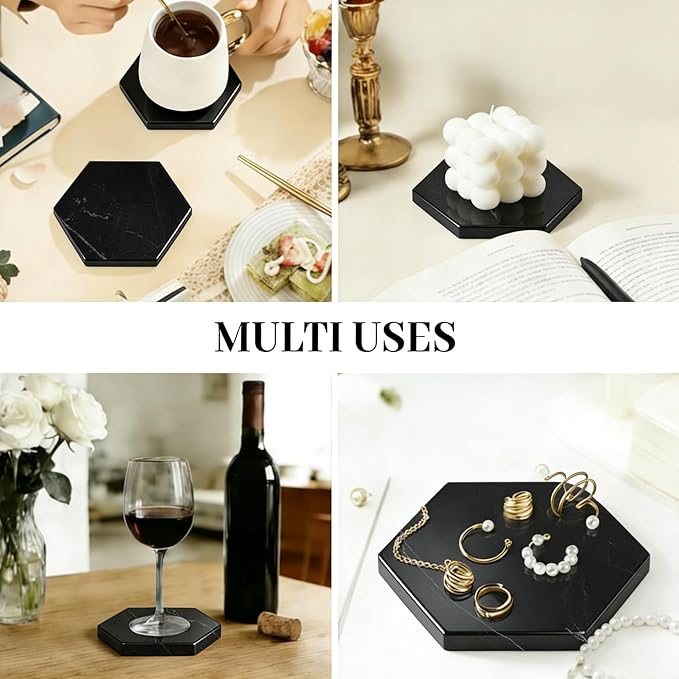 Natural Marble Coasters, Hexagonal Costers, Luxury Aesthetic Modern Decor for Coffee Table Bar Kitchen Home, Black Marble, Real Natural Semi Absorbent Stone Coasters