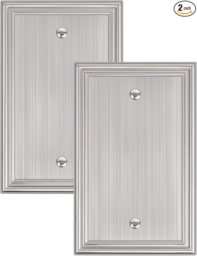 2-Pack Single Blank Wall Plates, Durable Solid Zinc Alloy Blank Outlet Covers, Decorative Brushed Nickel Wall Plate Cover for Unused Outlets/Switches, Corrosion Resistant