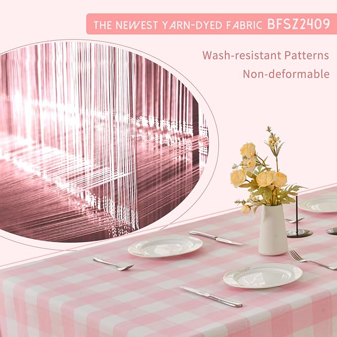 BALCONY & FALCON Gingham Table Cloth Rectangle – Reversible Water-Resistant Cotton Checkered Tablecloth for Valentine，Outdoor Picnic, Camping, Kitchen, Party Decor (Pink White, 57x118 Inch)