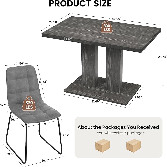 Modern 5-Piece Dining Table Set for 4, 46" Pedestal Dining Table with 4 Leather Chairs, Small Space Saving Kitchen Table Set, Grey Wood Finish Rectangular Table for Dining Room & Apartment