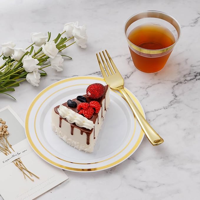 BESTVIP 600PCS Gold Plastic Plate Set (100 Guests), Plastic Plates for Party Wedding Birthday, Disposable Dinnerware Set of 200 Plates, 200 Forks, 100 Spoons, 100 Knives for Christmas