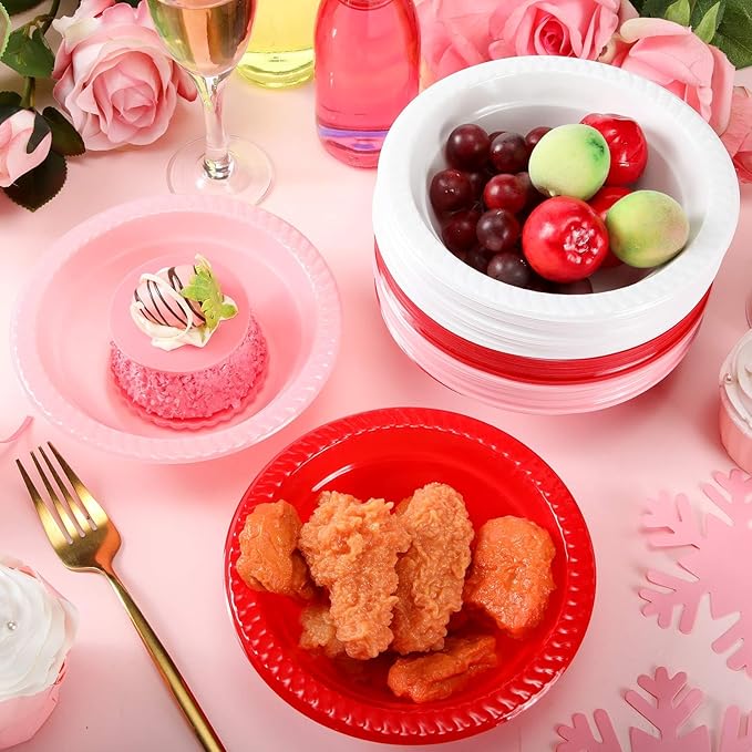 Layhit 100 Pcs Valentine's Day Plastic Bowls 12 oz Red Pink White Disposable Plastic Dessert Serving Party Supplies Salad Candy Snack Bowls for Holiday Wedding Party Picnic