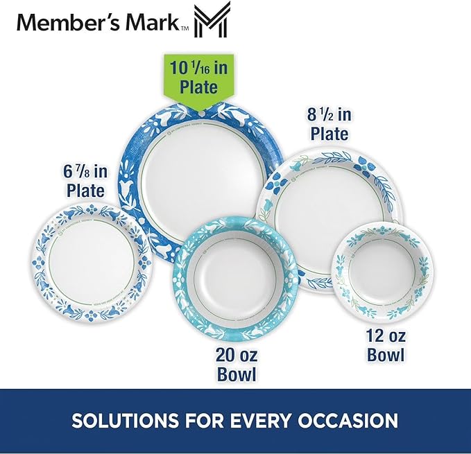 MMember's Mark Ultra Dinner Paper Plates, Blue Floral Pattern, 10 1/16 Inch, Compostable, Cut & Grease Resistant, Microwave Safe, 204 Count