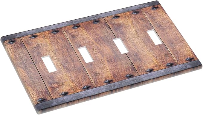 Light Switch Cover Rustic Farmhouse Barn Door Vintage Wood 4 Gang Switch Plate Quad Toggle Wall Plates Decorative Switchplate Electrical Outlet Cover for Bathroom Cabin Decor
