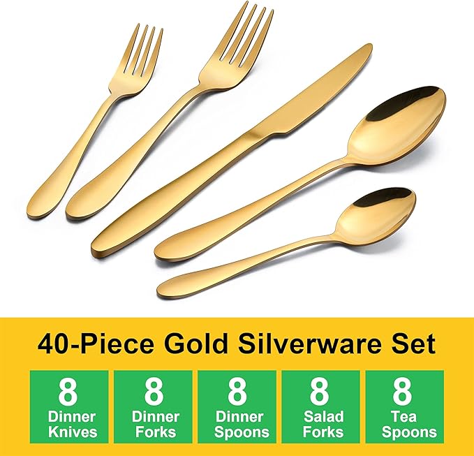 LIANYU 40-Piece Gold Silverware Set for 8, Stainless Steel Flatware Cutlery Set, Tableware Eating Utensils Include Forks Knives Spoons, Mirror Polished, Dishwasher Safe