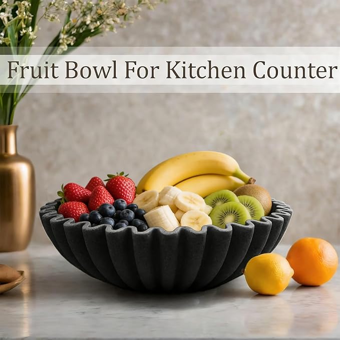 Large Modern Decorative Bowl, Fruit Bowl for counter, Modern Home Decor, Ruffle Bowl for Kitchen Counter Coffee Table, Key Bowl for Entryway Table, 10", Black